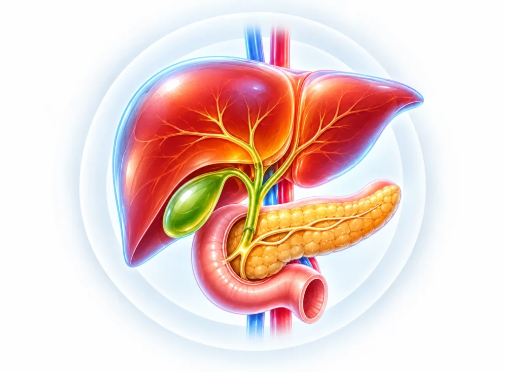Illustration of the liver, gallbladder, bile ducts, pancreas and duodenum – liver transplant and HPB surgery in Mumbai